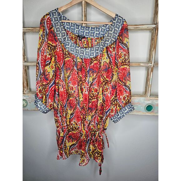 Nine West Tops - Nine West Vibrant Sheer Drawstring Scoop neck blouse size 2X
